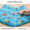 Blue pet mat featuring colorful fish designs, demonstrating durability and ease of cleaning.