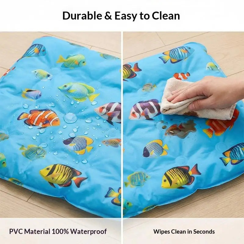 Blue pet mat featuring colorful fish designs, demonstrating durability and ease of cleaning.