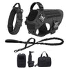 A black durable dog harness, leash, and training pouch set for walking and training.