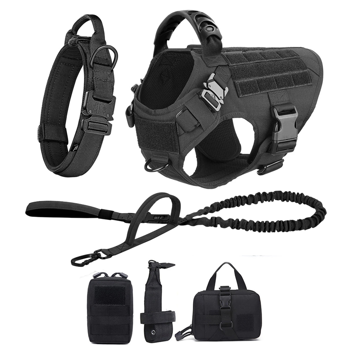 A black durable dog harness, leash, and training pouch set for walking and training.