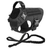 Black heavy duty tactical dog harness with a padded vest and molle pouch system