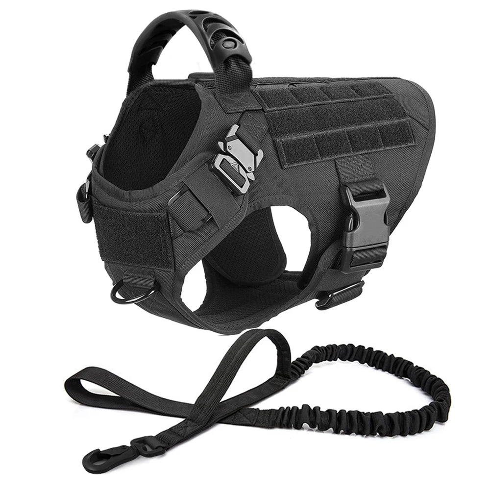 Black heavy duty tactical dog harness with a padded vest and molle pouch system