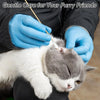 A person gently cleans a cat's ear with a long cotton swab using blue gloves.