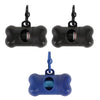 Black bone-shaped poop bag dispenser with a clip and a blue plastic component.
