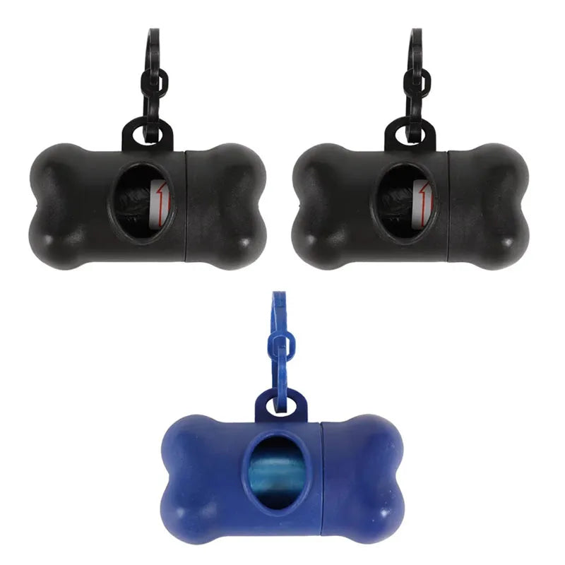 Black bone-shaped poop bag dispenser with a clip and a blue plastic component.