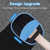 A close-up of a five-finger glove design for pet hair removal, showing the expanded coverage and sizing details on a black pr