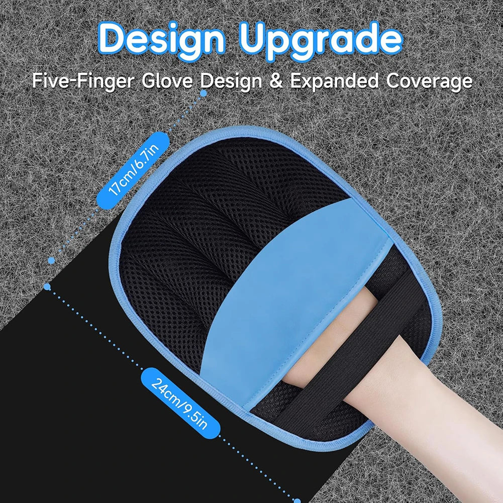 A close-up of a five-finger glove design for pet hair removal, showing the expanded coverage and sizing details on a black pr