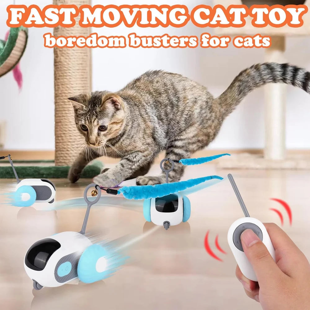 A gray tabby cat is interacting with several blue and white automatic pet toy cars designed for boredom busters.