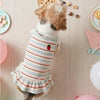 A dog wearing a striped strawberry dress sitting on a wooden floor with scattered treats.