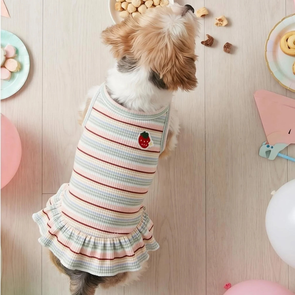 A dog wearing a striped strawberry dress sitting on a wooden floor with scattered treats.
