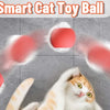 A fluffy orange cat is interacting with a smart cat toy ball that is rolling in the air.