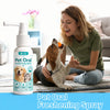 A woman is applying Pet Oral Freshening Spray to a dog, with the product bottle visible on the left.