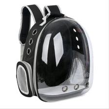 Mochila transportadora transparente para mascotas con detalles en blanco y negro.