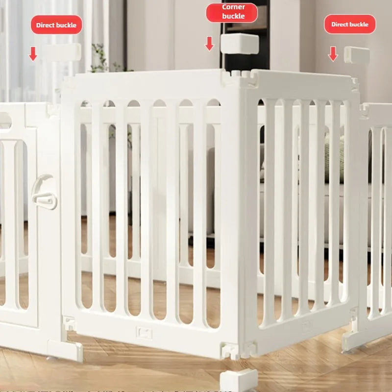 White heavy duty pet fence cage with vertical bars and direct buckles shown on a wooden floor.