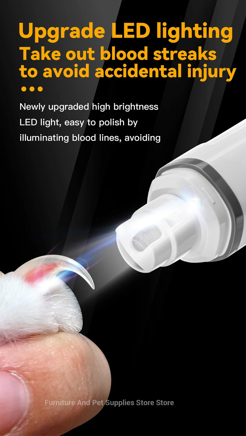 A close-up of a white electric pet nail grinder with an LED light illuminating blood streaks on a pet's nail.