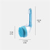 A light blue silicone pet bath brush with a dispenser, shown in a vertical orientation.