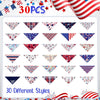 A collection of 30 different styles of patriotic dog and cat bandanas featuring red, white, and blue patterns.