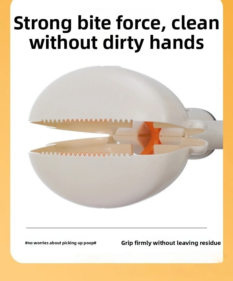 A white portable pet poop picker scooper is shown open, demonstrating its bite force for clean cleanup.