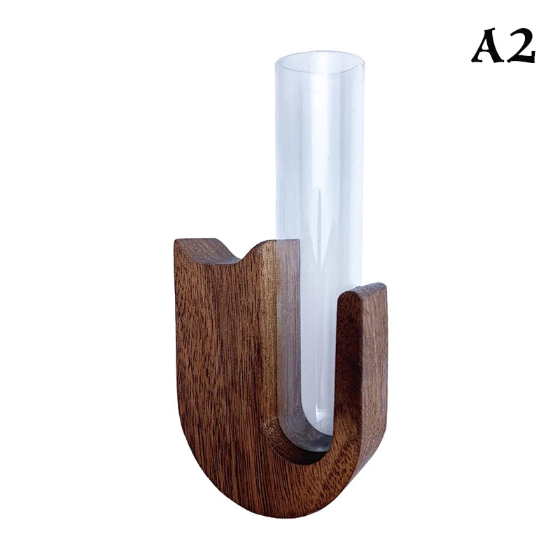 A wooden pet whisker collector vase with a clear glass tube.