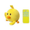 A yellow, plush toy resembling a duck with a light yellow electronic control panel next to it.