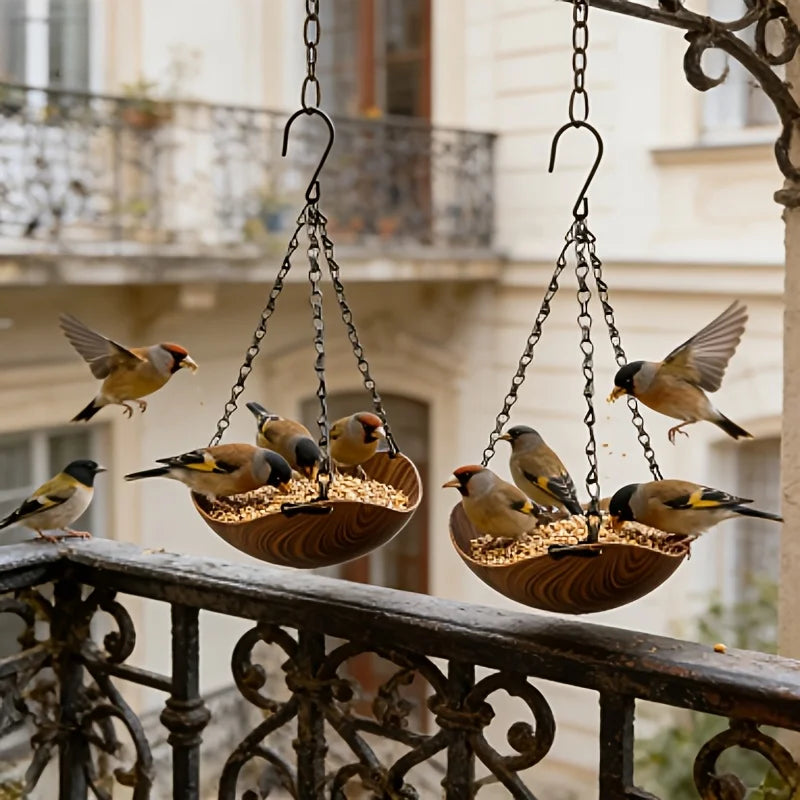 A retro wood grain bird feeder with a hanging iron chain, holding several small birds.