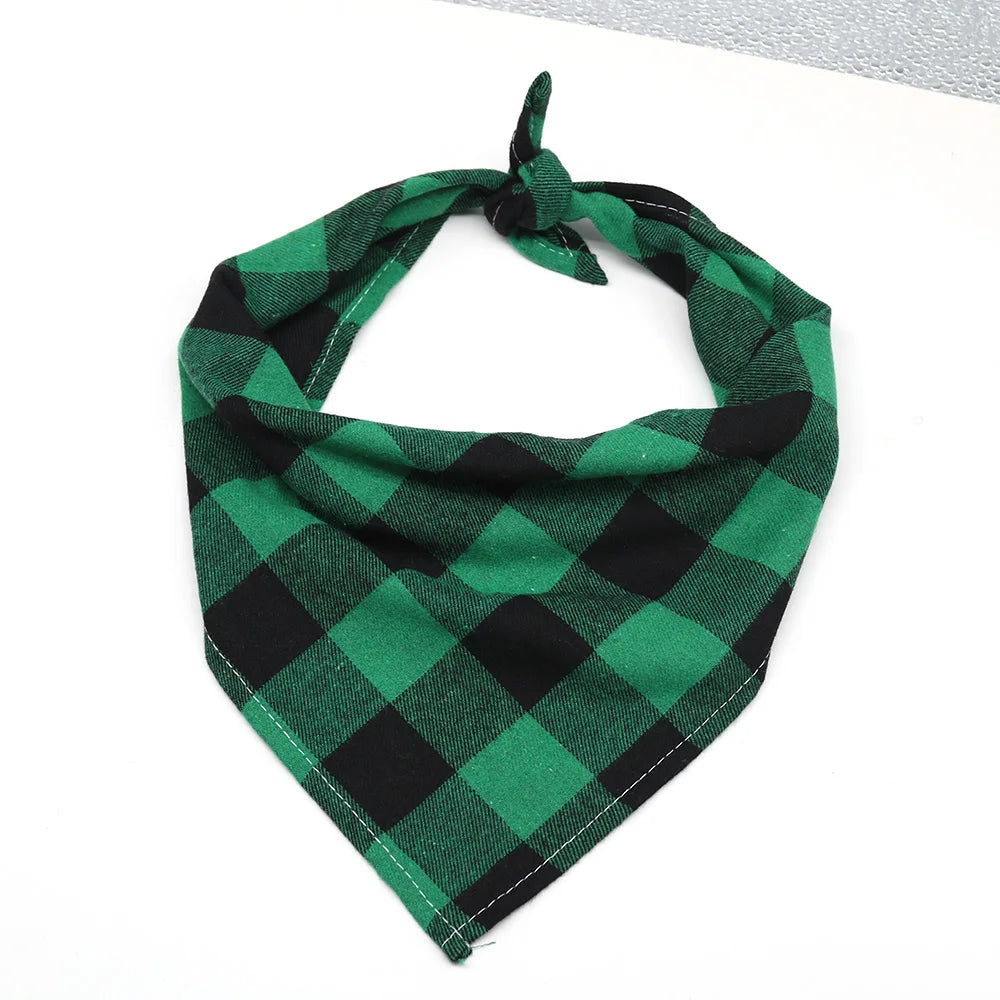 A large plaid cotton dog bandana in green and black checkered pattern