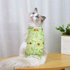 A fluffy gray cat wearing a light green recovery vest for post-surgery protection.