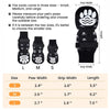 Three sizes of black anti-slip dog socks for paw protection and warmth shown with size labels and dimensions