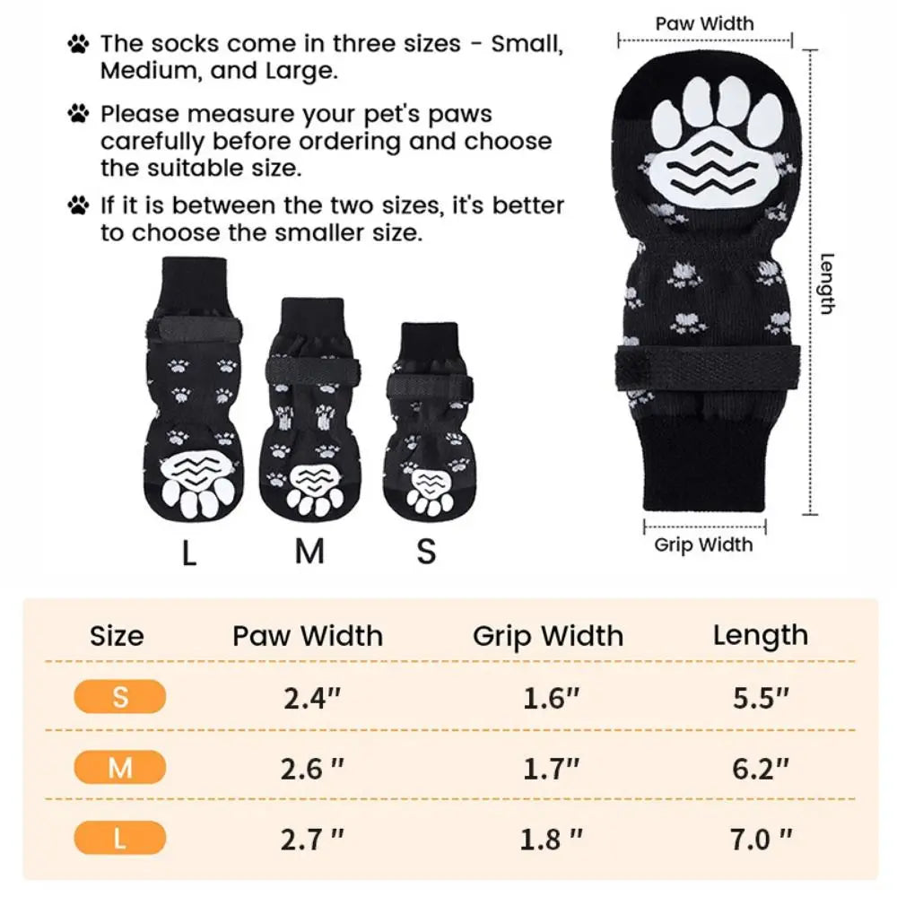 Three sizes of black anti-slip dog socks for paw protection and warmth shown with size labels and dimensions