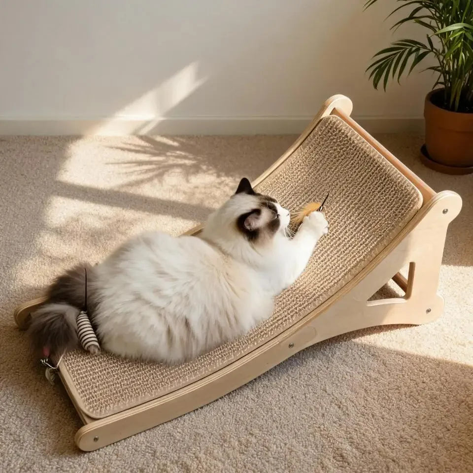 Eine schwarz-weiße Katze entspannt sich auf einem vertikalen Sisal-Kratzbaum mit Holzständer.