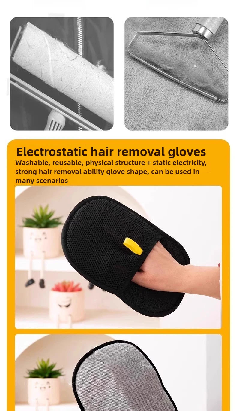 Black electrostatic hair removal glove being used on a hand for pet grooming