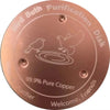 A round copper disc for bird bath purification featuring a silhouette of a bird and text indicating 99.9% pure copper.