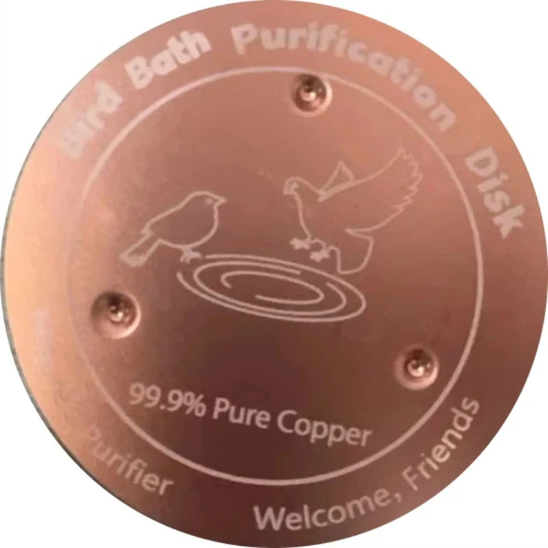 A round copper disc for bird bath purification featuring a silhouette of a bird and text indicating 99.9% pure copper.