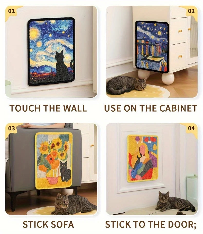 Four ways to use a natural sisal wall-mounted cat scratching board: touch the wall, use on the cabinet, stick sofa, or stick 