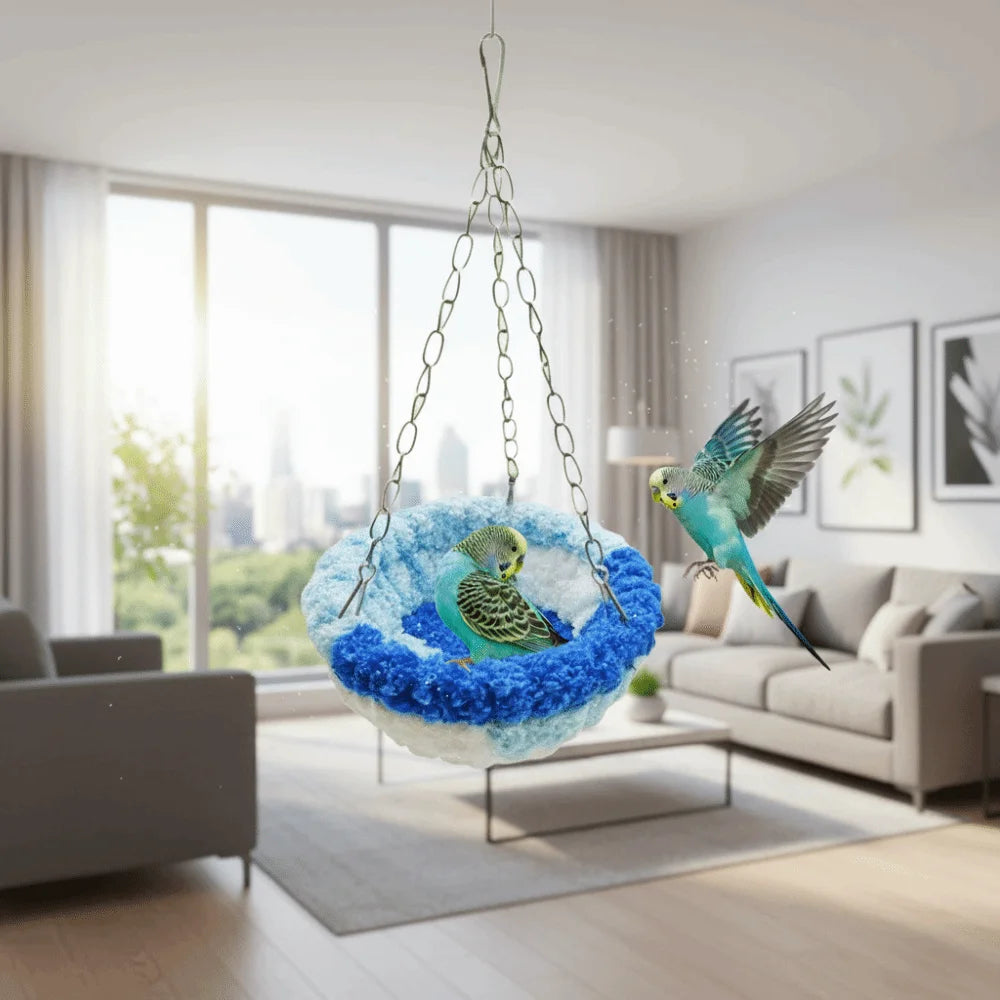A vibrant blue bird is suspended in a hanging hammock made of fluffy blue feathers above a modern living room.