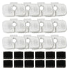A set of white foam cat water filters and a grid of black filter pads.