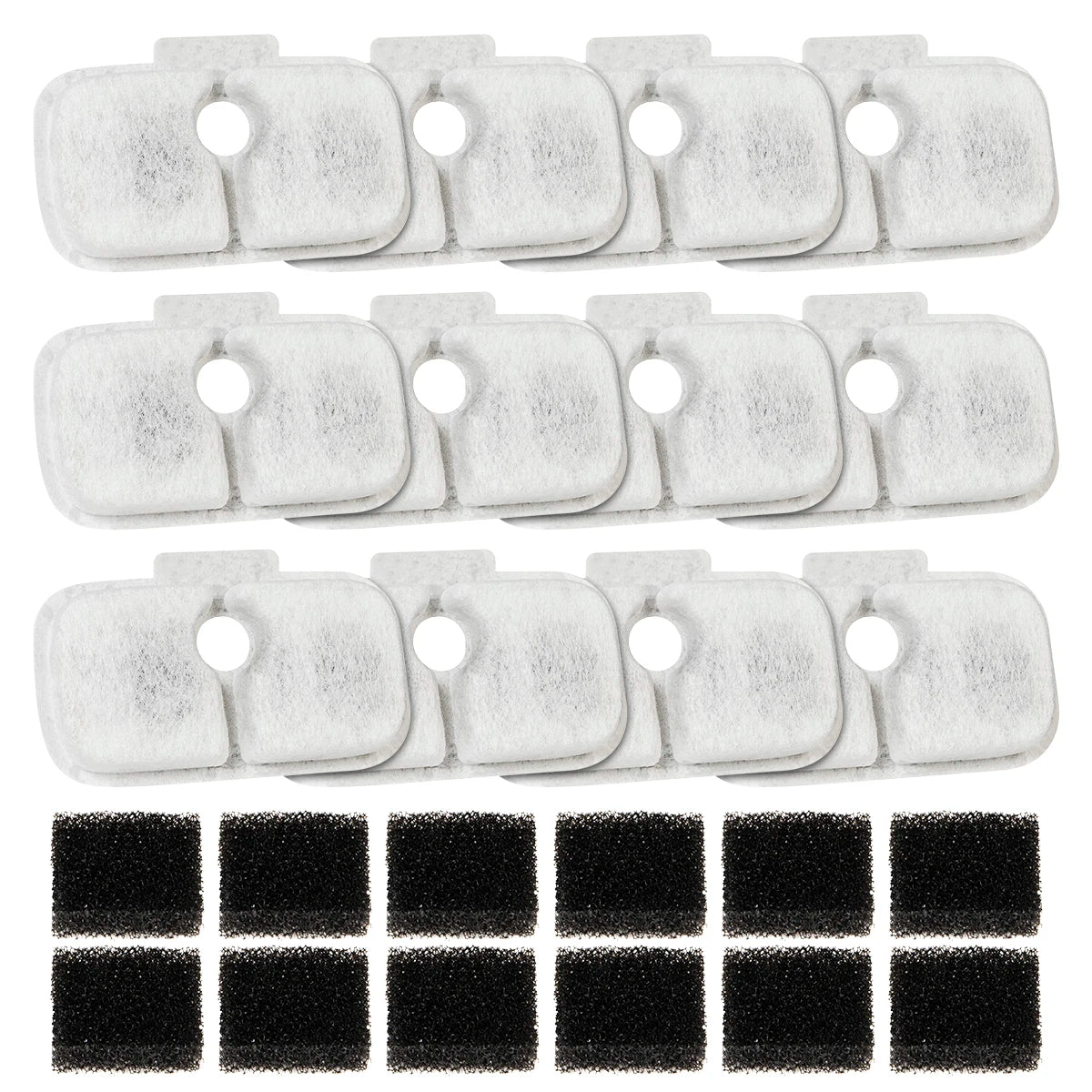 A set of white foam cat water filters and a grid of black filter pads.