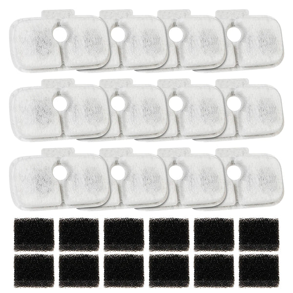 A set of white foam cat water filters and a grid of black filter pads.