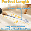 A hand demonstrates the extendable handle of a cleaning brush, showing its 17.2-inch length and 45-degree angle for easy clea