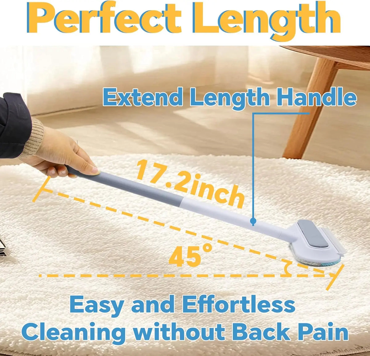 A hand demonstrates the extendable handle of a cleaning brush, showing its 17.2-inch length and 45-degree angle for easy clea