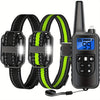 A black waterproof dog training collar with a remote and LED light is shown next to its strap.