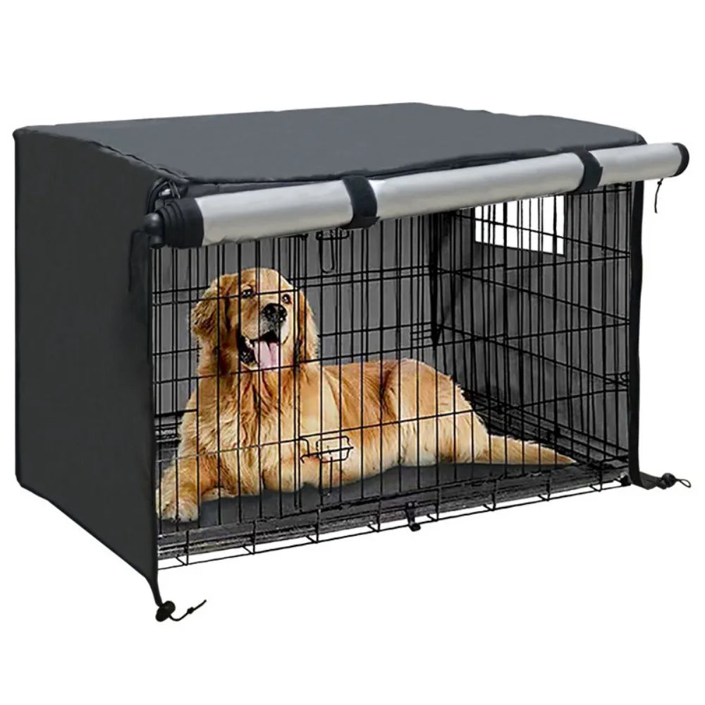 A black waterproof dog crate cover with a metal grate and a silver roll-up sun and weather protection tube.