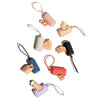 A collection of pink and beige portable dog poop bag dispensers with attached bags.