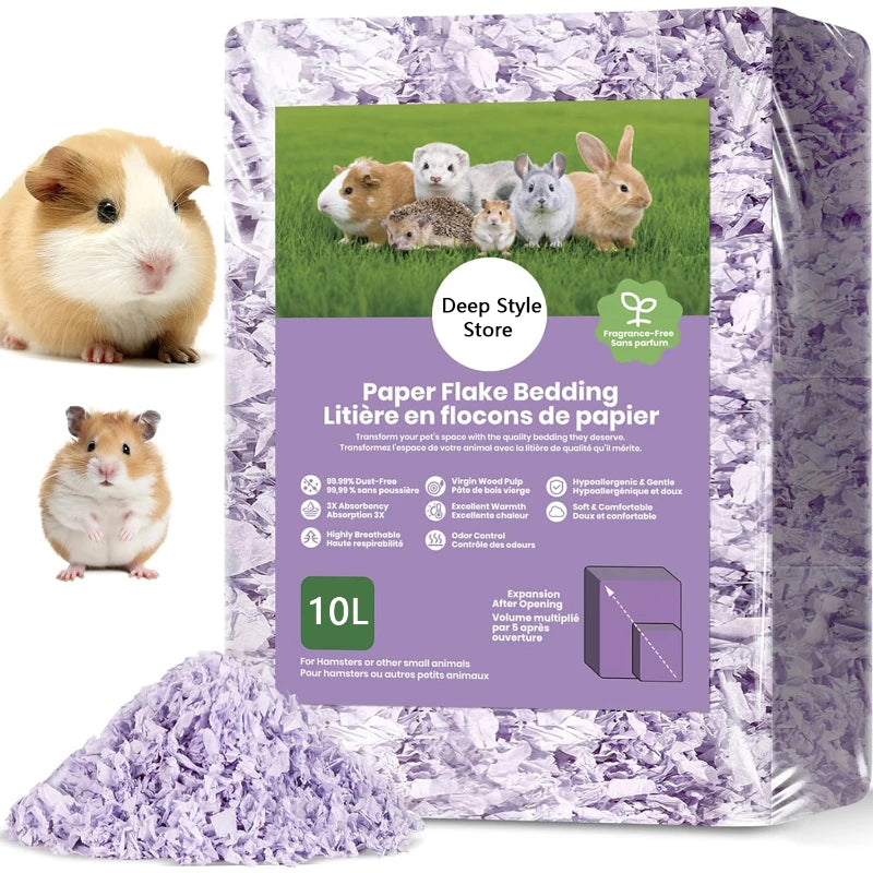 Paket mit Papierstreu für Hamster, darunter verschiedene kleine Säugetiere und ein Haufen lila Bettmaterial.