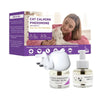 A kit for a cat calming pheromone diffuser showing a white diffuser and a glass refill bottle.