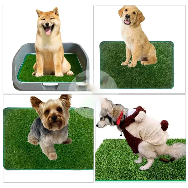 Three images showing an artificial grass dog training mat used for canine exercise and training.