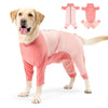 A golden retriever wearing a pink comfortable cotton dog jumpsuit and matching accessories.
