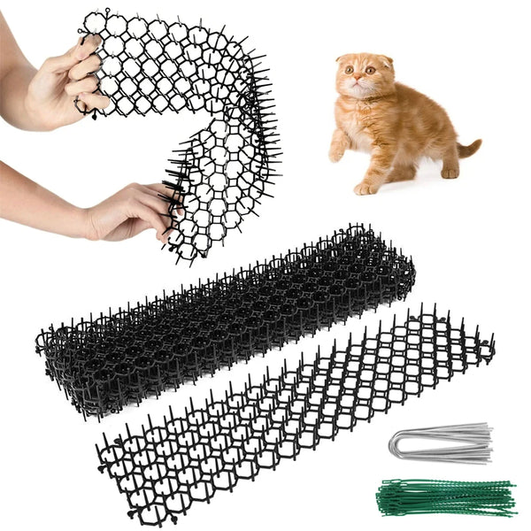 Hands hold black prickly deterrent strips and a cat