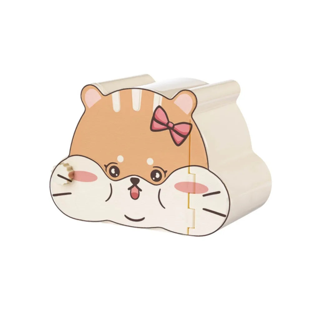 A cute cartoon hamster hideout house shaped like a hamster face with pink accents and a viewing window.