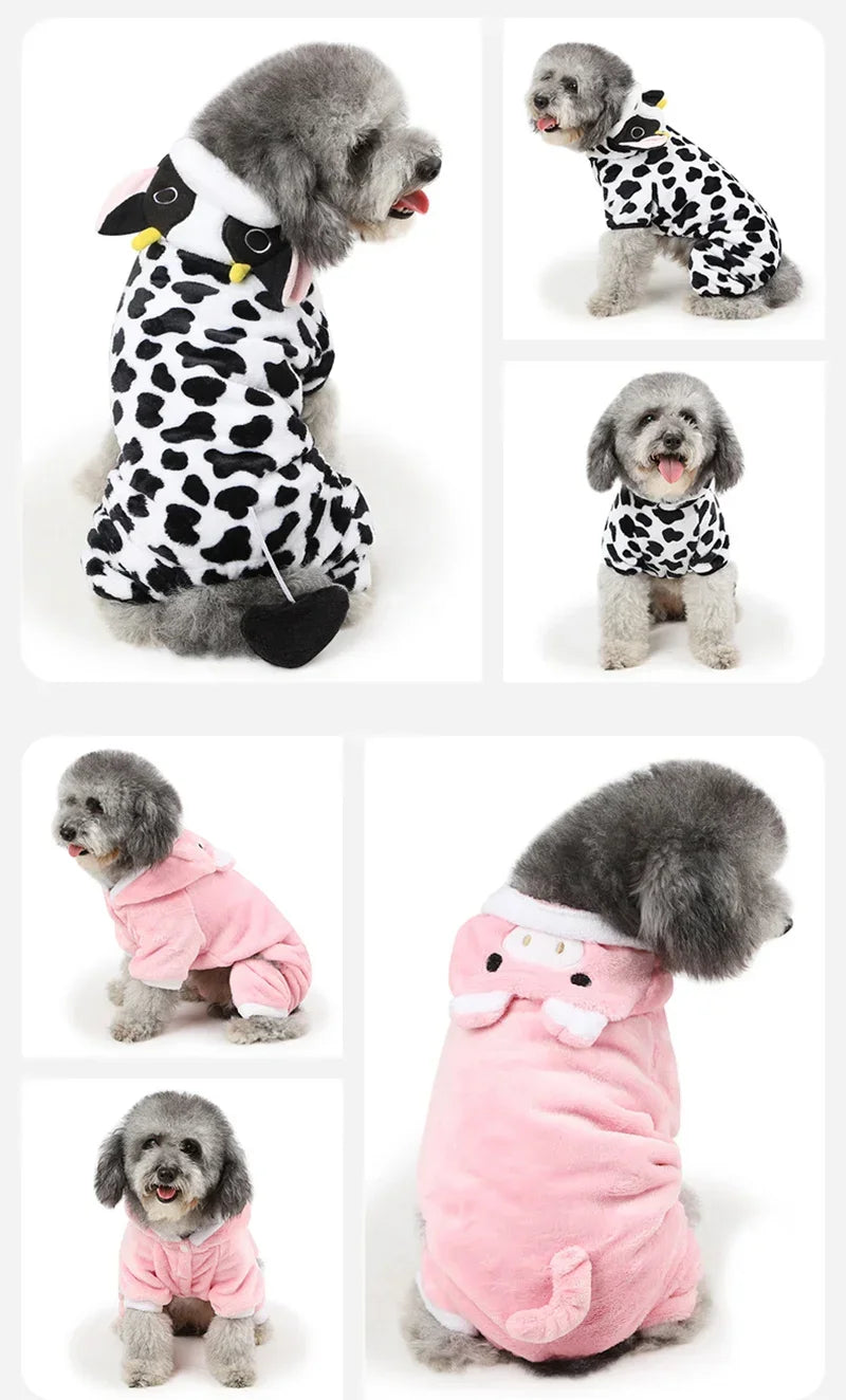 Traje de perro con manchas de dibujos animados en blanco y negro para mascota pequeña.